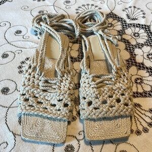 Zara Flat Cream Crochet Jute Ankle Tie Square Toe Sandals 1649/810/111